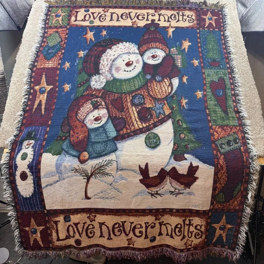 Love Never Melts Snowman Woven Tapestry Throw Blanket Fringe Winter 60x44 VTG